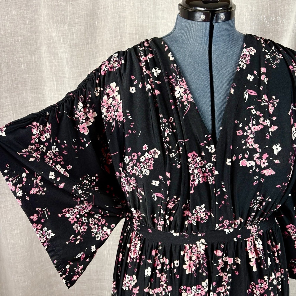 Cherry Blossom Print Dress Caftan Size 3X 26 28 Black Tie Back Whimsigoth - Picture 4 of 14